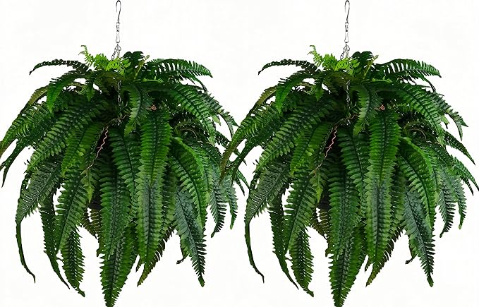 QIANYUN Outdoor Artificial Plants-2PCS Artificial Outdoor Hanging Fern Faux Greenery UV Resistant Plastic Plants for Front Porch Living Room Garden Decor- Including Hanging Planters (Dark Green)