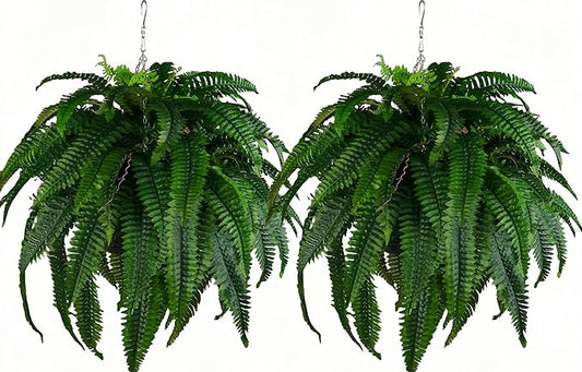 QIANYUN Outdoor Artificial Plants-2PCS Artificial Outdoor Hanging Fern Faux Greenery UV Resistant Plastic Plants for Front Porch Living Room Garden Decor- Including Hanging Planters (Dark Green)