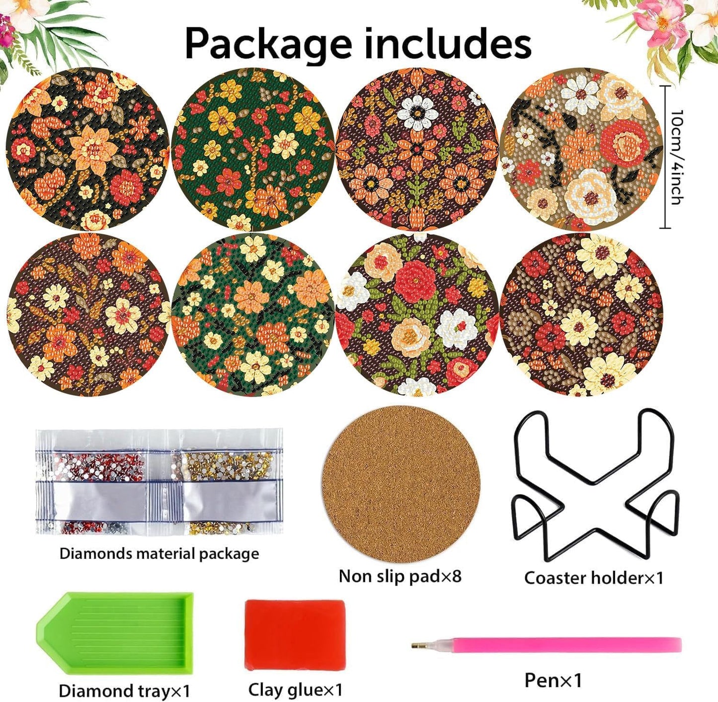 Meothan 8 Pcs Flowers Diamond Art Coasters Kits for Adults with Holder Cork Pads, Floral Diamond Dots Art Painting Coasters Crafts Kit for Home Office Decor (4x4in)