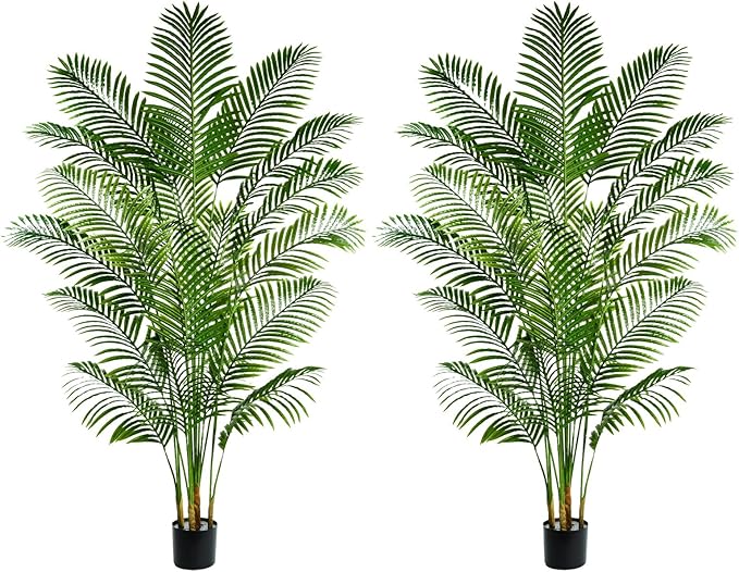 2PCS Artificial Palm Tree 7FT Artificia Plants Indoor Fake Trees Tropical Fake Plam Tree Floor Plant in Black Pot with 18 Trunks & Real Bark Design Faux Palm Plant for Outdoor Home Room Decor