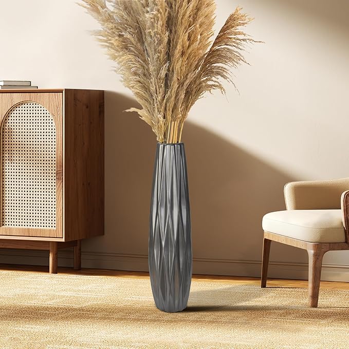 Silvery Ceramic Tall Floor Vase,17.7 Inch Large Modern Flower Vases for Home Décor,Wicker Big Floor Vase Decorations for Farmhouse, Living Room,Bedroom,Standing Plastic Vase Decorative Tall