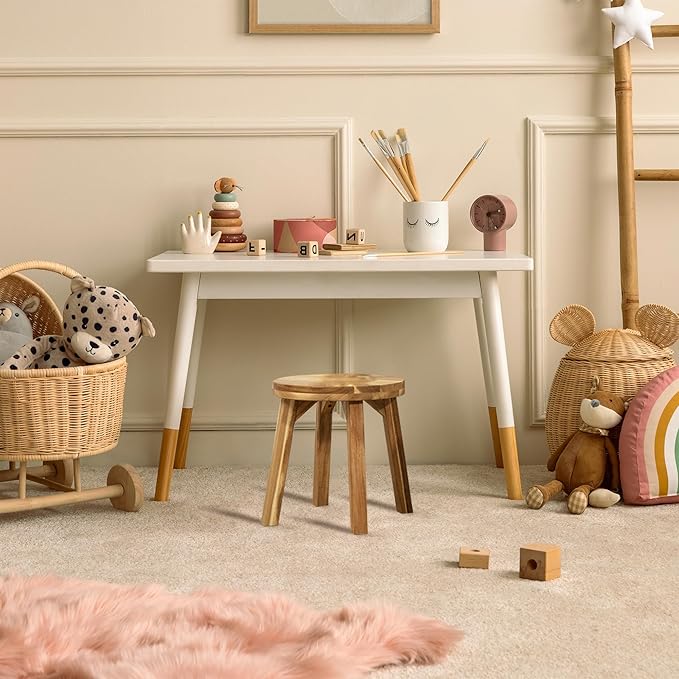 Round Stool Acacia Wood, 12" Height, 11" Round Top, Backless, Easy Assembly, Natural Wax Finish, Wooden Stool for Plant, Dining Room, Living Room, Garden, Makeup