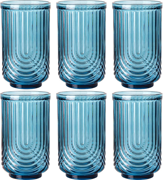 Blue Vintage Glassware Set of 6-17Oz Blue Water Drinking Glass, Art Deco Ripple Highball Glass, Whiskey Cocktail Glasses, for Bar Beverages Ice Coffee Juice, Housewarming Gifts