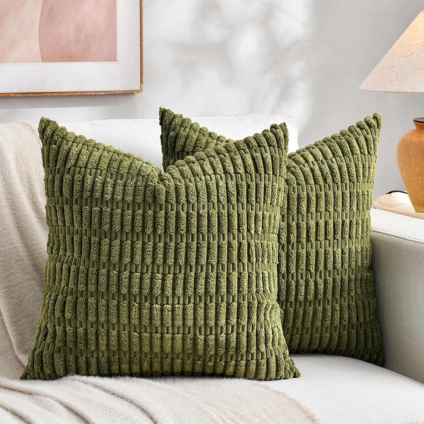 Fancy Homi 4 Packs Boho Moss Green Decorative Throw Pillow Covers 24x24 Inch for Couch Bed Sofa, Rustic Modern Farmhouse Home Decor, Soft Plush Corduroy Cute Square Cushion Case 60x60 cm