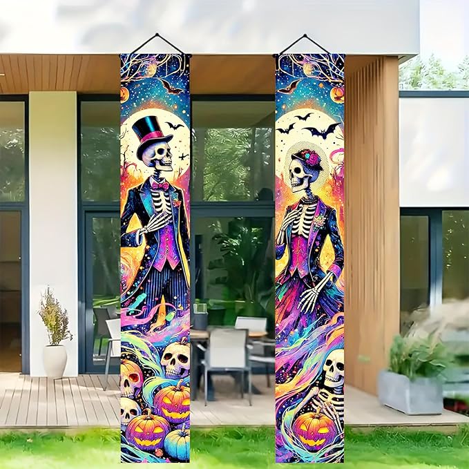 Skeleton Gentleman Lady Door Banner 12x71 Inch Halloween Holiday Porch Hanging Indoor Outdoor Front Door Vertical Decoration Purple Black Neon Pumpkin Bat Gothic Party Celebration Decor