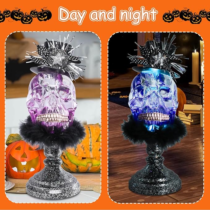 VCUTEKA Halloween Skull Head Light Indoor Decoration Skull Statue Halloween Sculptures with Magic Hat for Party Horror Decoration Holiday Decor Figurines Gift