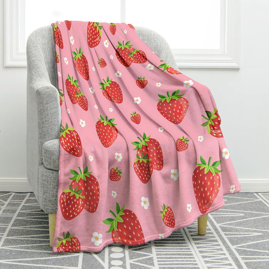 Jekeno Strawberry Fruit Floral Blanket Cute Flower Gifts for Women Kids Girls Mom Wife Men Boys Birthday Christmas Halloween Easter Home Bedroom Bed Sofa Decor Plush Throw Pink 60"x80"