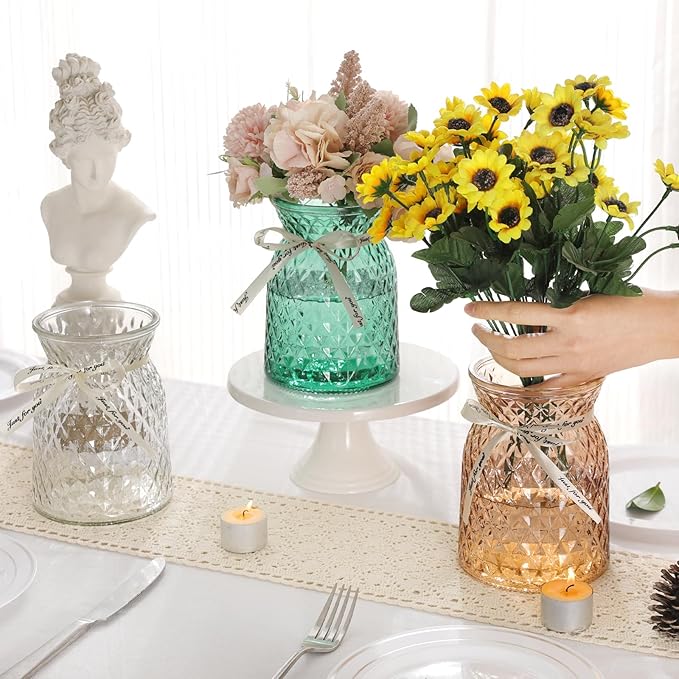 SOJOCK 2PACK Glass Flower Vases(Flowers NOT Included),6.3" High Diamond Pattern Vases,Vintage Vases for Centrepieces,Wedding Decorations,Home Table Flower Decorations