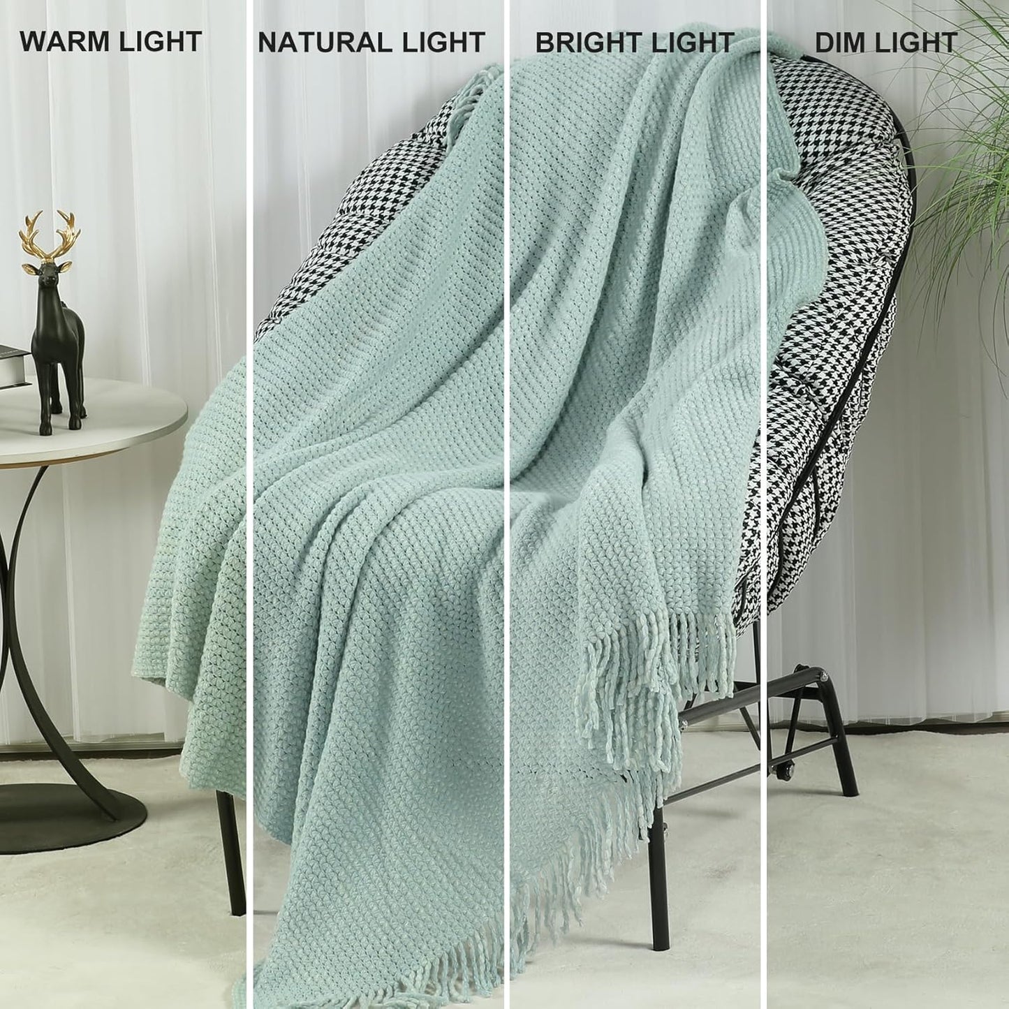 Blagic Knitted Throw Blanket for Couch, Soft Farmhouse Throw Blanket with Tassels,Home Decorative Lightweight Blankets,Spring Throws for Bed/Chair/Sofa,Wheat Textured (Light Blue&White,50" W x 60" L)