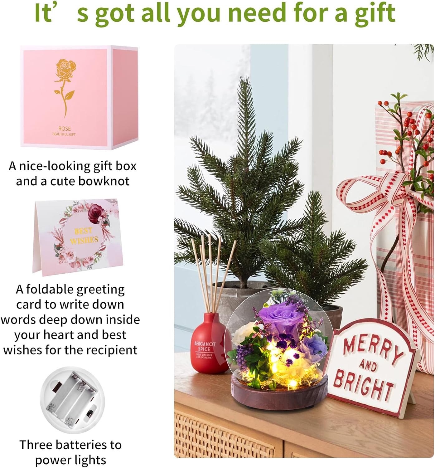 Long Lasting Real Flowers, Birthday Present for Women，Preserved Rose Flowers with Hydrangea and LED Light,Unique Floral Present for Various Festivals, Various Occasions, Home Decoration（Purple Rose）