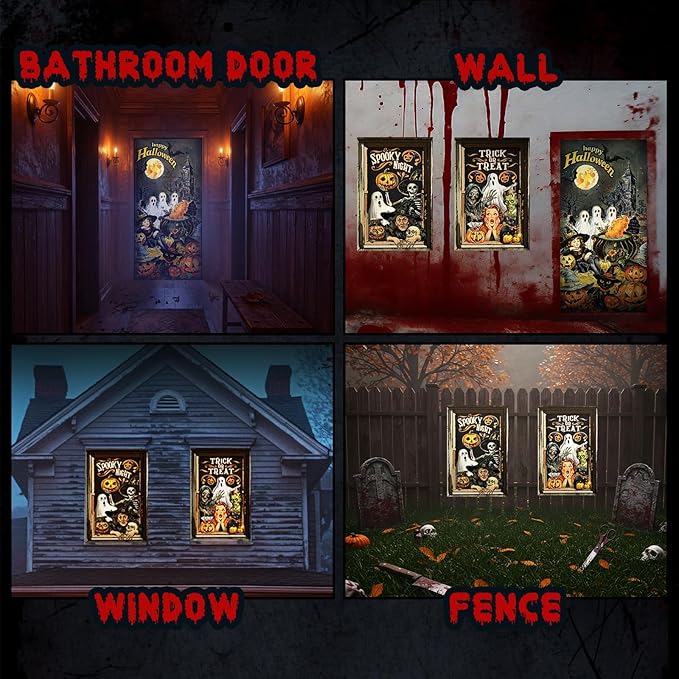 Tioncy 3 Pcs Halloween Window Door Covers Decorations Set Halloween Window Curtains Spooky Night Trick or Treat Skull Pumpkin Ghost Castle Pattern Banner Porch Indoor Outdoor Decoration