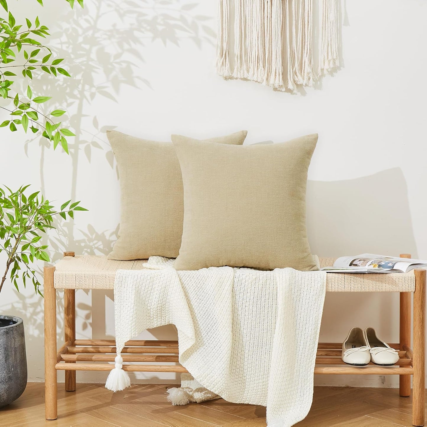 GAWAMAY Decorative Chenille Throw Pillow Covers 26x26 Inch Pack of 2, Soft Square Couch Pillow Cover for Sofa Cushion Living Room Bedroom Solid Dyed Oversized Pillowcases Khaki 66x66cm (ONLY Covers)