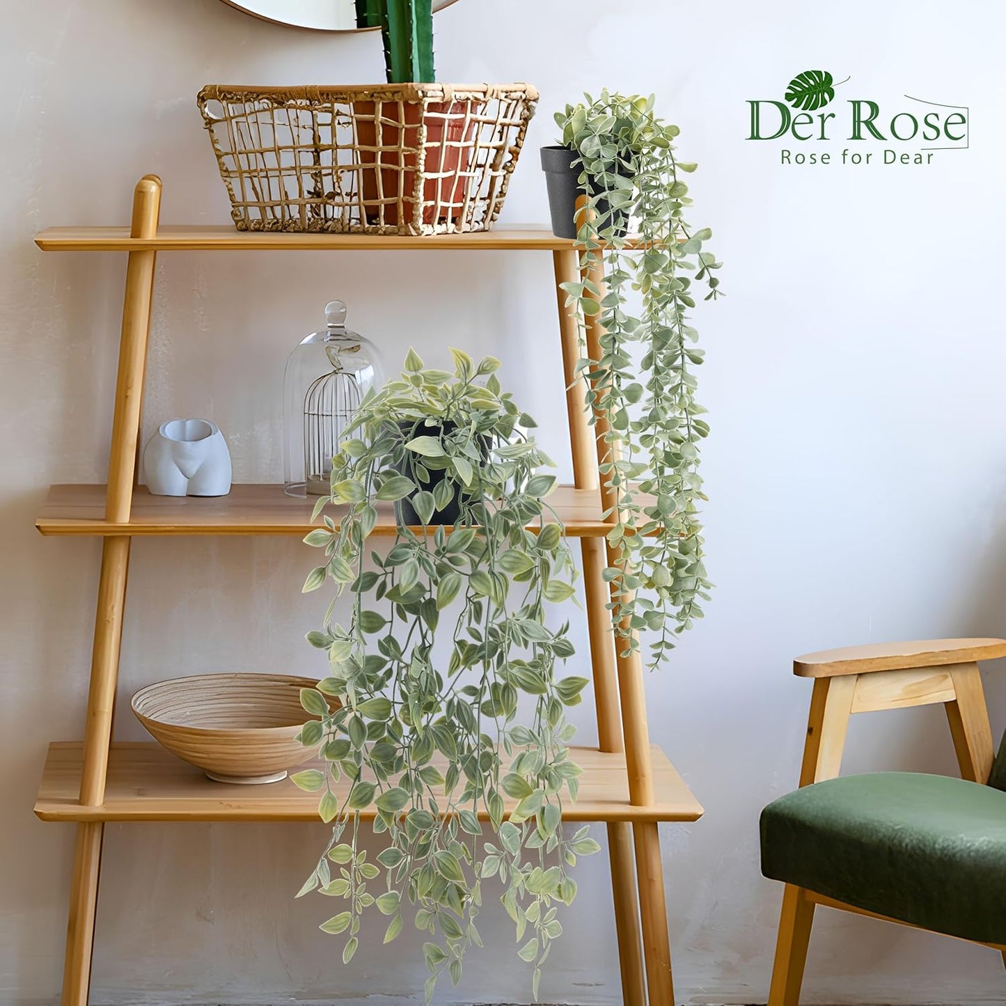 Der Rose 2Pcs Fake Plants Hanging Artificial Decor Faux Potted Eucalyptus and Pea Pod Plants for Boho Bathroom Home Office Desk Wall Shelf Bookcase Accessories Decor Indoor