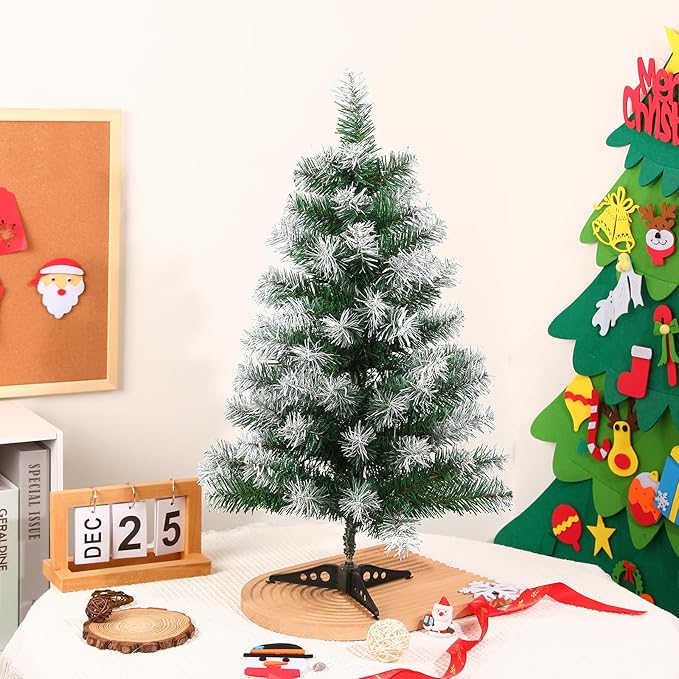 2Ft Artificial Christmas Tree Green Tabletop Christmas Tree with Flocking Snow Frost Tips Plastic Stand Mini Xmas Pine Tree for Party Supplies Indoor Outdoor Holiday Home Decoration