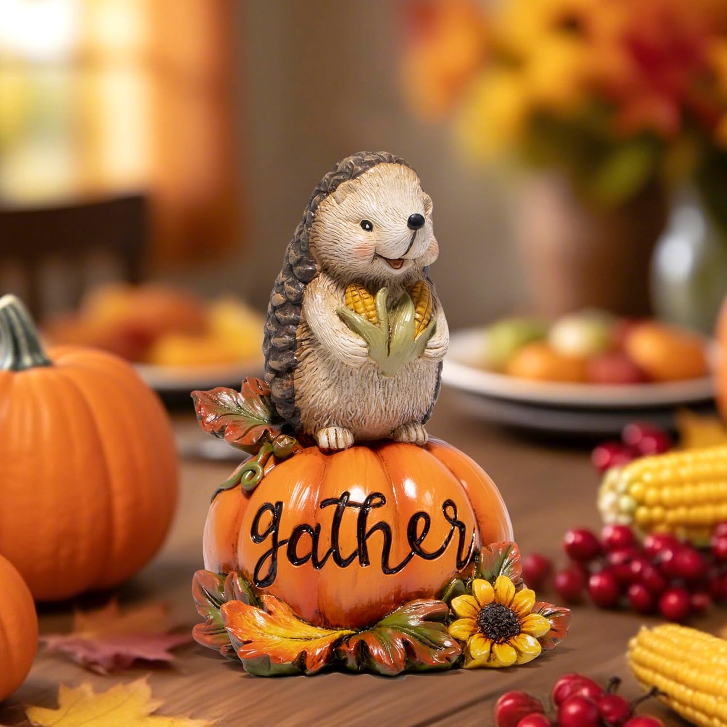 Hodao Harvest Hedgehog Pumpkin Figurine – Autumn Fall Decoration with Pine Cone, “Gather” Engraved Pumpkin – Thanksgiving Home Table Centerpiece Decor, Family Gathering Blessing Ornament (Orange-1)