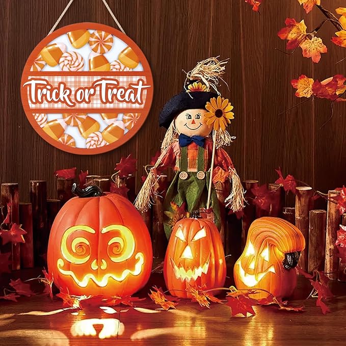 TOARTi 3D Halloween Trick or Treat Front Door Sign Hanging(11.4x11.4''), Rustic Lollipop Candy Cone Wall Decor, Farmhouse Halloween Wooden Plaque for Home Classroom Office