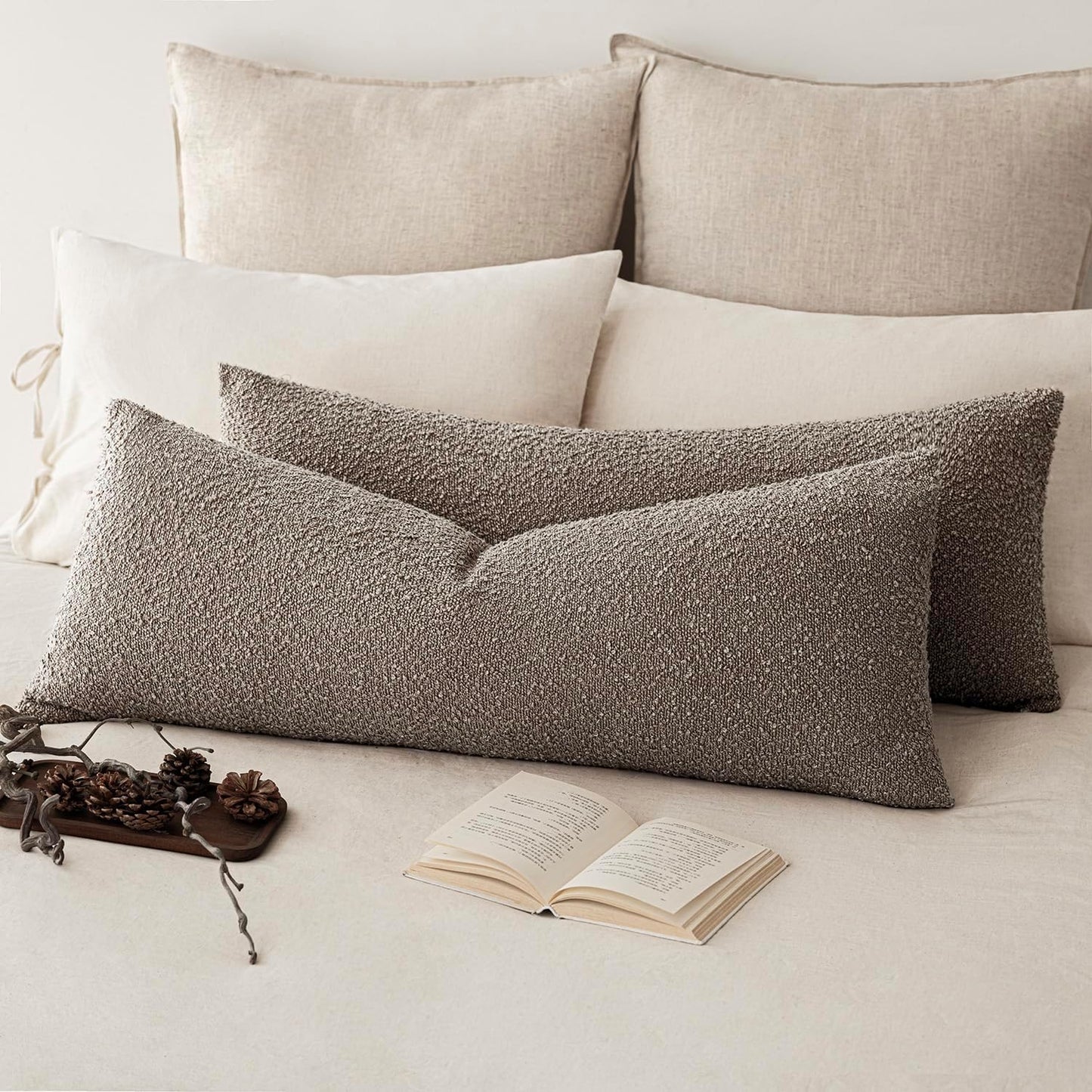 Foindtower Decorative Textured Boucle Throw Pillow Covers Accent Solid Pillow Cases Neutral Long Body Lumbar Couch Cushion Case for Chair Sofa Bedroom Living Room Home Decor 14x36 Inch,1PC,Light Taupe