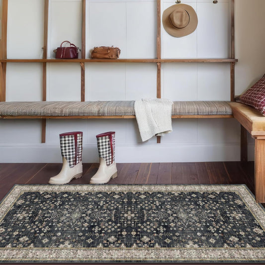 Black Entryway 2x5 Runner Rug, Small Throw Runners for Kitchen Bedroom Bathroom Laundry Room, Vintage Floral Decor & Non-Slip Low-Pile Washable Stain Resistant, Dark Ashen Charcoal