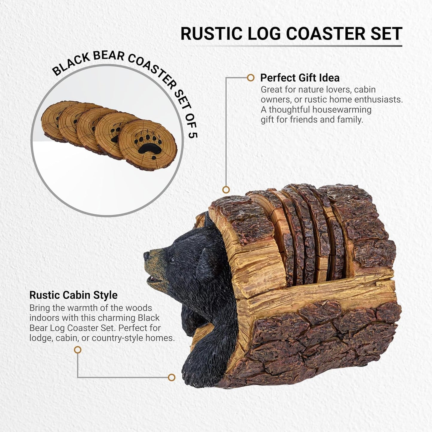 Black Bear Rustic Log Coaster Set - Drink Holders for Home Decor - Bear Print Cabin Coasters