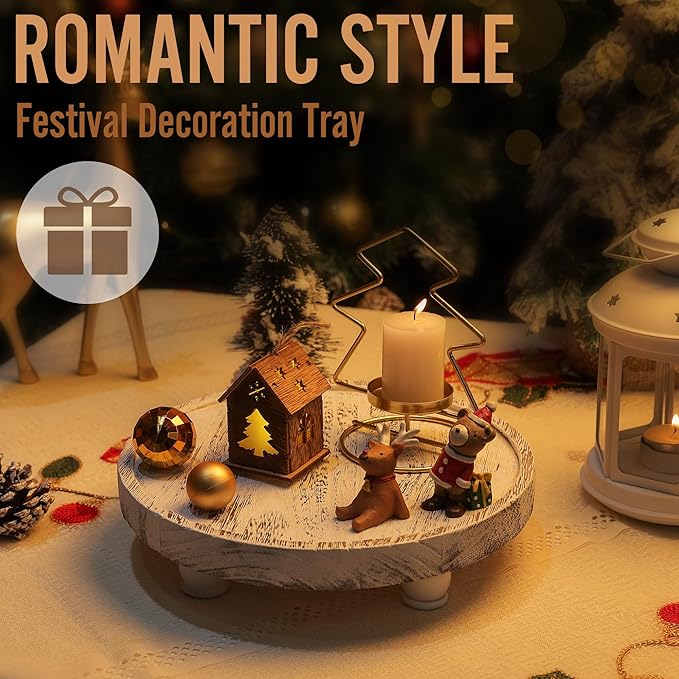 Tikea Farmhouse Wood Display Riser, 10 in. Farmhouse Pedestal Stand for Kitchen Bathroom Counter Decor, Round Display Tray for Soap Dispenser and Plant (White)