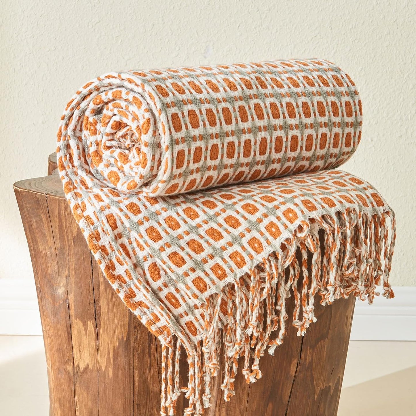 lifein Throw Blanket for Couch - Boho Throw Blanket, Knit Woven Blanket, Soft Decorative Blankets&Throws with Tassels for Bed,Sofa,Chair,Home Decor(50x60in,Rust)