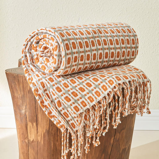 lifein Throw Blanket for Couch - Boho Throw Blanket, Knit Woven Blanket, Soft Decorative Blankets&Throws with Tassels for Bed,Sofa,Chair,Home Decor(50x60in,Rust)