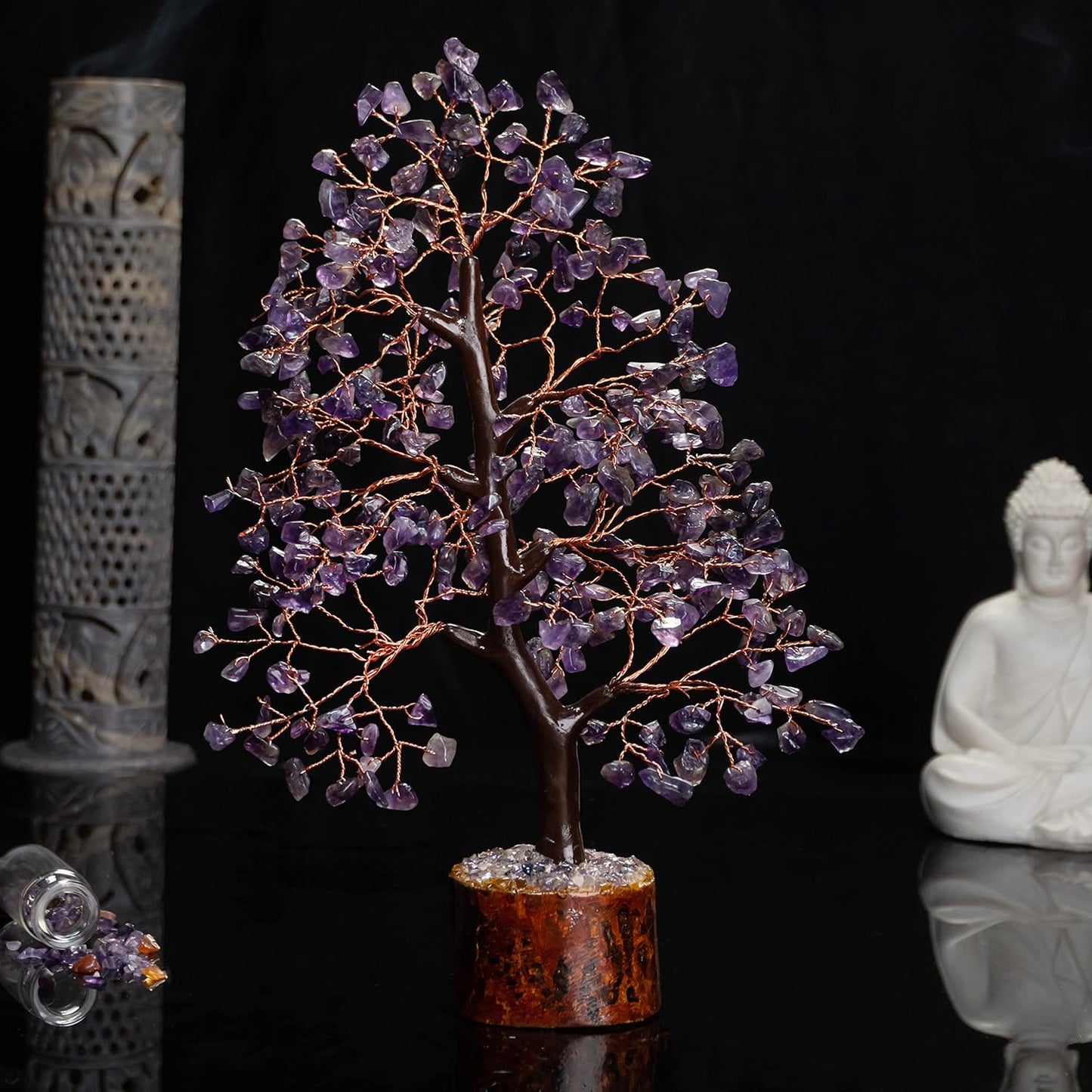 Crocon Amethyst Gemstone Tree Feng Shui Figurine Money Bonsai Chakra Balancing Good Luck Reiki Healing Crystals Decoration Ornament Sculpture Prosperity Table Decor Gift Size 10-12"""