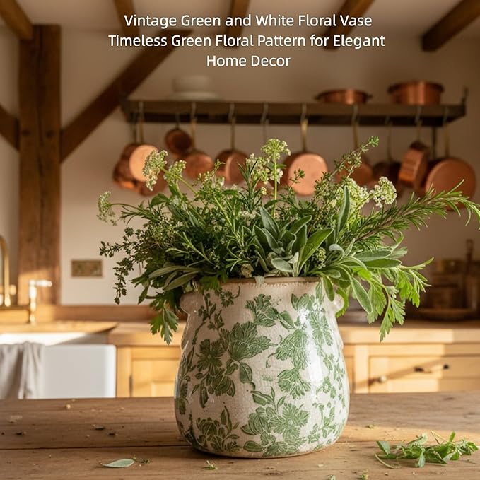 Vintage Green and White Ceramic Floral Vase Planter, Rustic Crackle Glaze Pottery Jar, Hand-Painted Floral Pot Design for Flowers or Plants, Farmhouse & Cottage Home Decor Accent