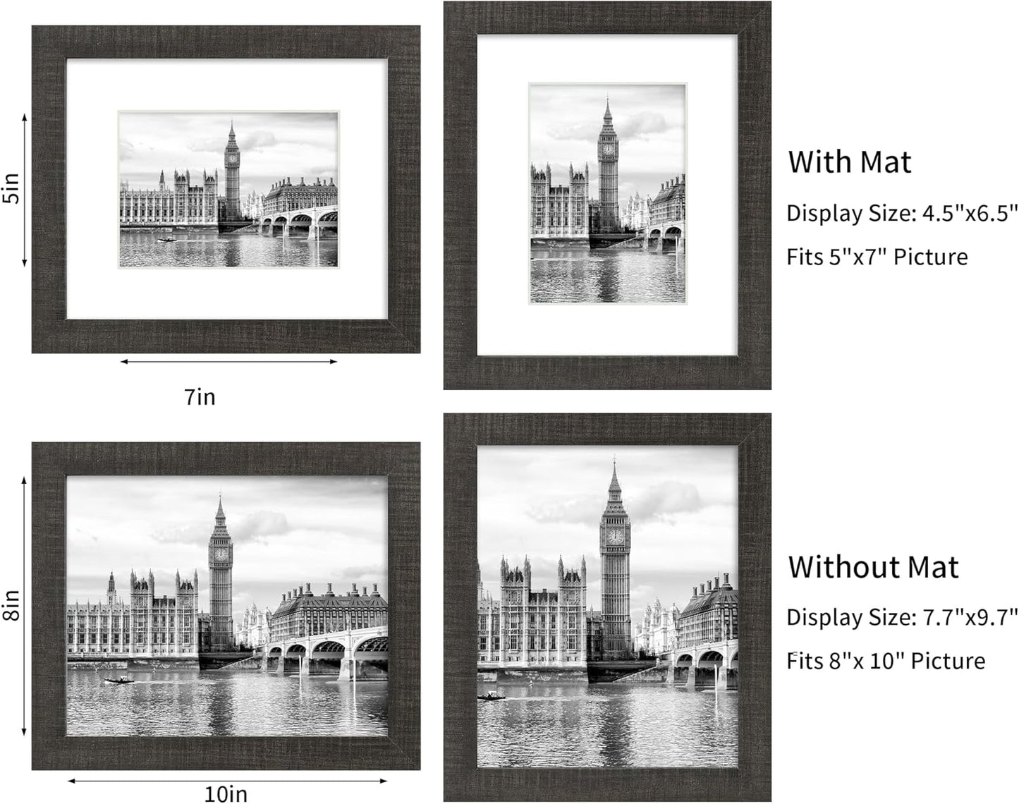 iRahmen 8x10 Picture Frame Set of 2 with HD Glass, Display Pictures 5x7 with Mat or 8 x 10 Without Mat, Rustic Style Wood Photo Frame for Tabletop Display or Wall Mount