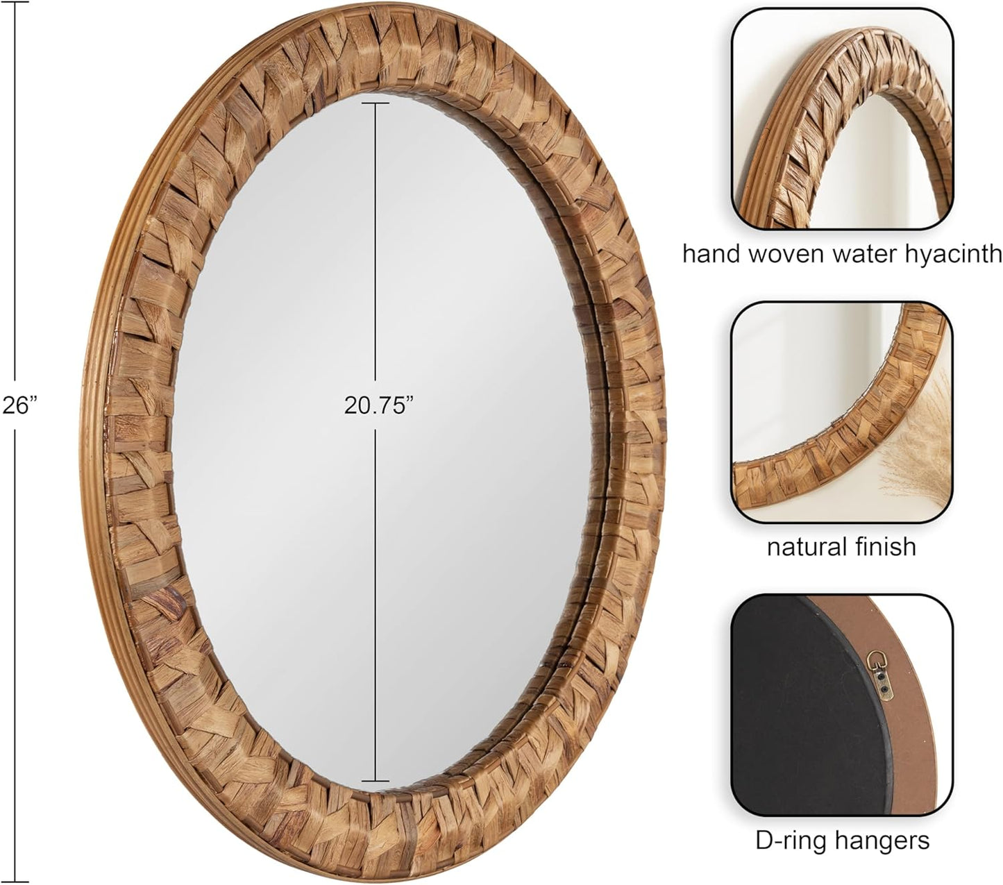 Kate and Laurel Laalima Boho Woven Round Mirror, 26 Inch Diameter, Rustic Brown, Decorative Circle Mirror with Authentic Water Hyacinth Frame for Coastal Mirror Decor