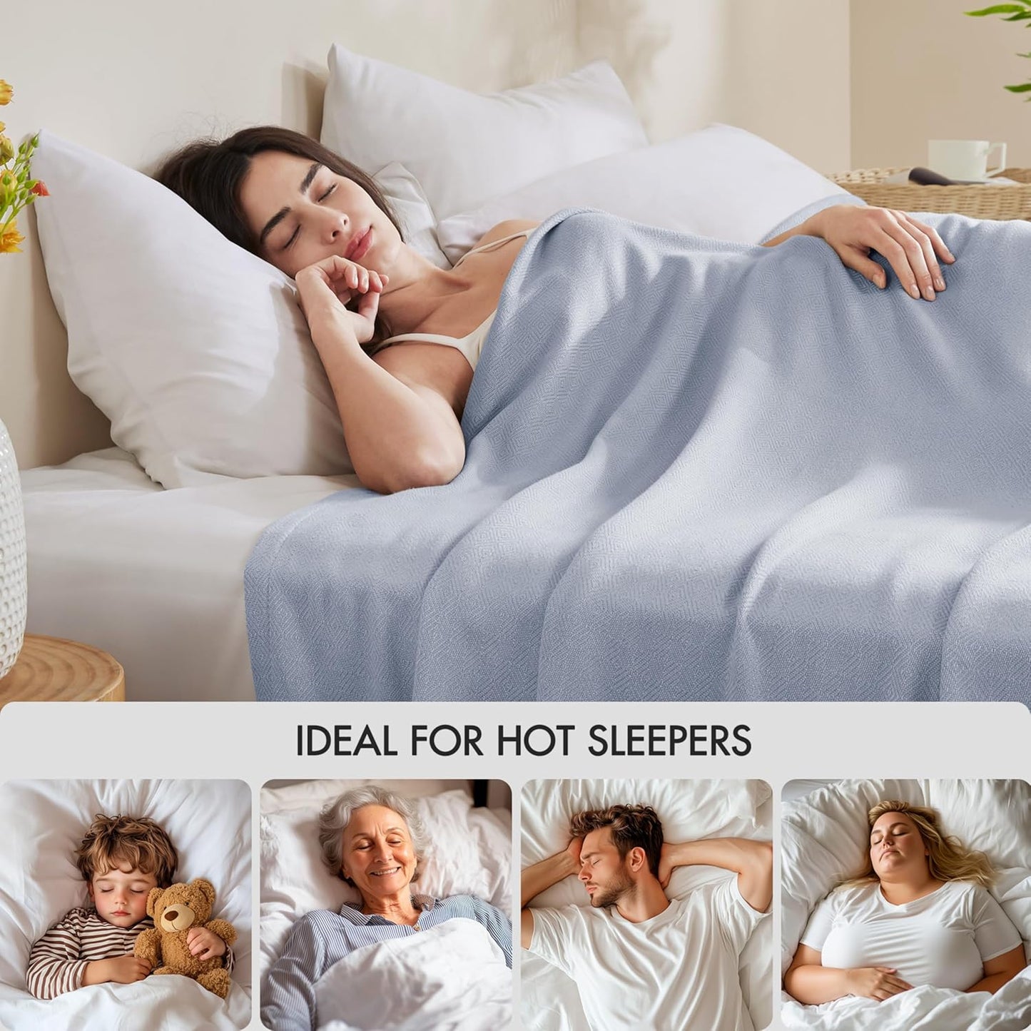 Madison Park Cooling Blanket 30% Cotton Lightweight and Breathable for Hot Sleepers Ultra Soft and Snag-Resistant Summer Blanket for Bed Couch Full/Queen Size 90"x90" Light Blue