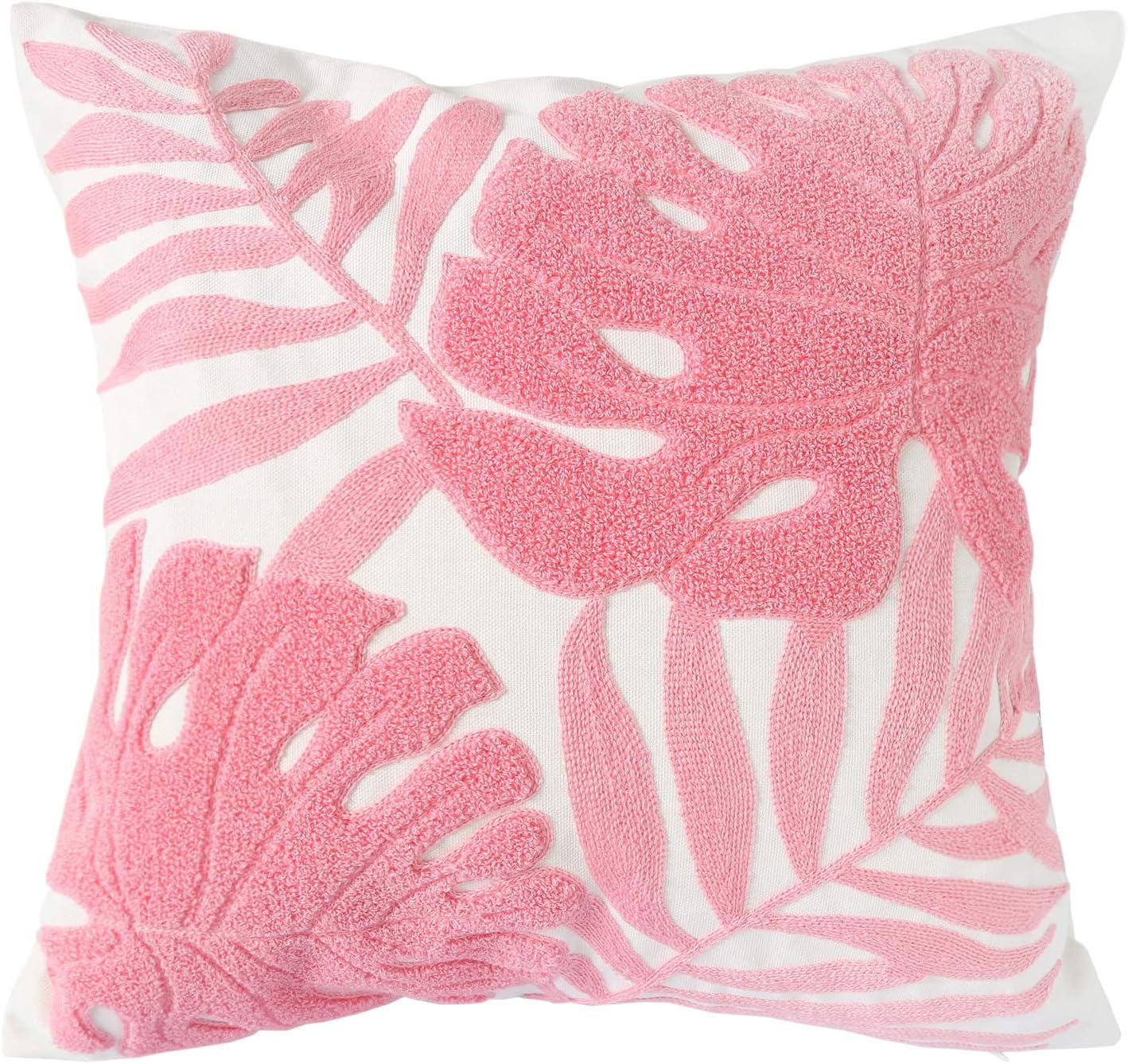 Embroidery Throw Pillow Cover 18x18 Home Decor Floor Pillow Cover for Couch Sofa Chair 100% Cotton Loop Embroidered Pink Tropical Leaves Cushion Cover Square Pillowcase 45x45cm, 1 Piece