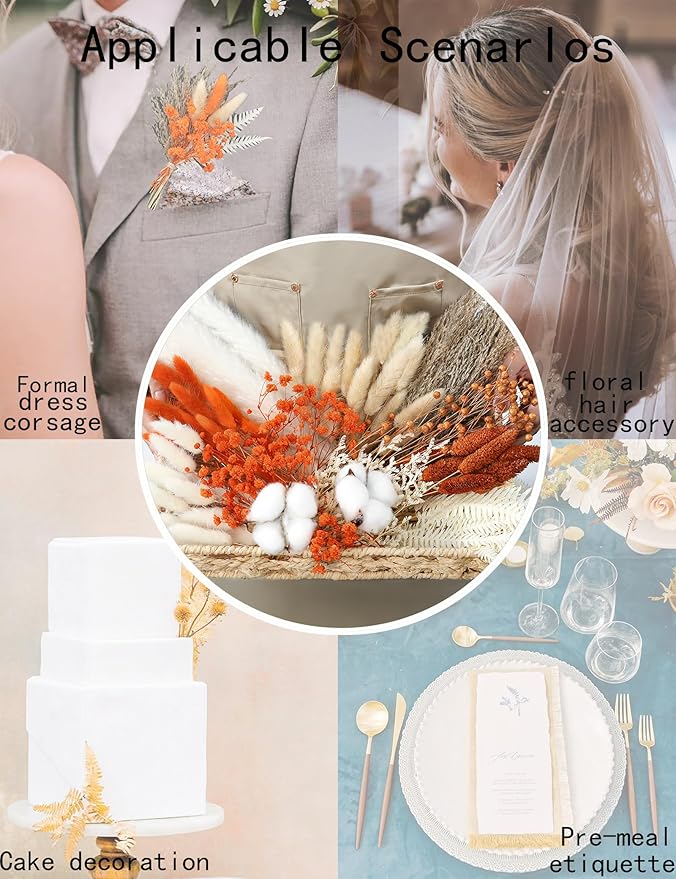 xin's convey DIY Autumn Natural Dried Flower Kit, Dried Flower Bouquets for Vase, Table Decorations(Orange)