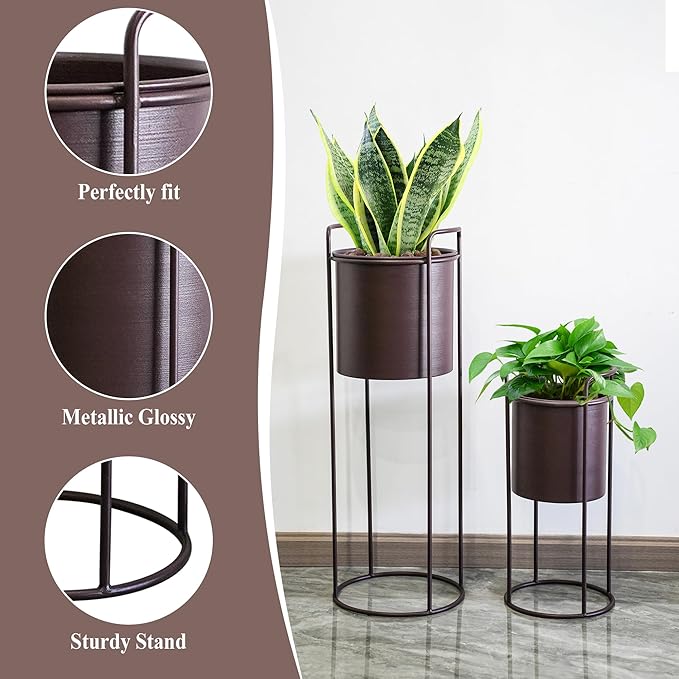 TRIROCKS Set of 2 Planters with Stand Large Metal Planter for Indoor Plants 28 &18" H Plant Pots for Living Room Corner Kitchen Office Garden Balcony Patio Decor(Brown)