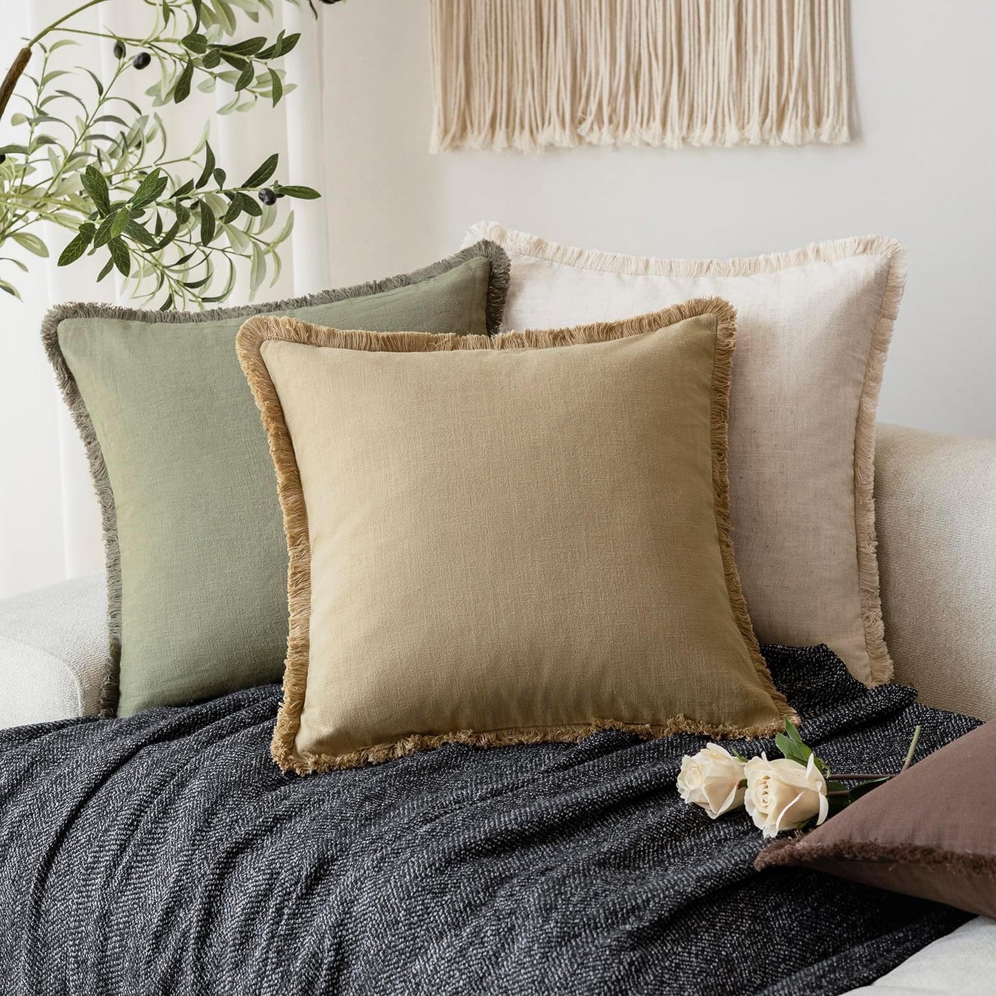 Foindtower Decorative Linen Fringe Throw Pillow Covers Boho Farmhouse Cushion Cover with Tassels Soft Accent Pillowcase for Chair Sofa Bed Living Room Home Decor, 12×24 Inch, 1PC,Light Khaki Taupe