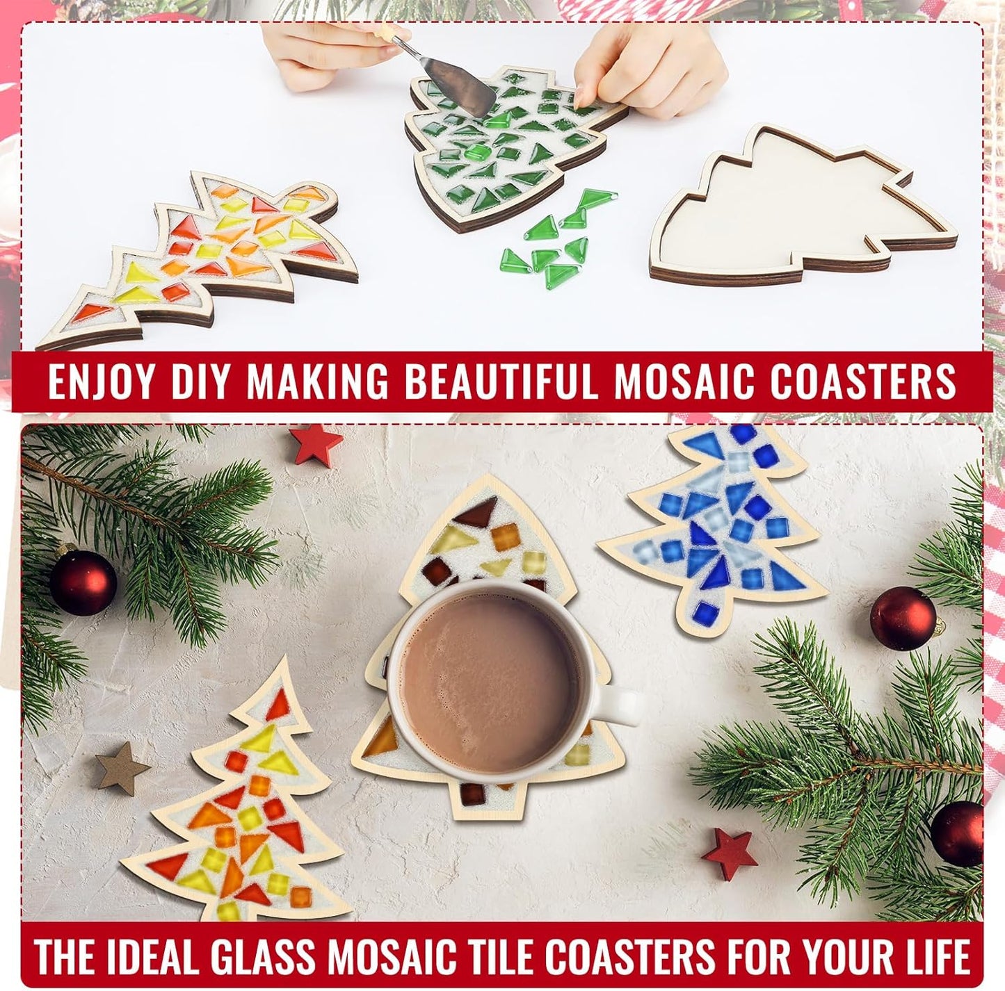 Honeydak 6 Sets DIY Glass Mosaic Tiles with 6 Wooden Coasters Making Mosaic Crafts Material Package Mixed Stained Glass for Handmade Colorful Home Decor Gift Indoor (Christmas Tree,Neutral Color)