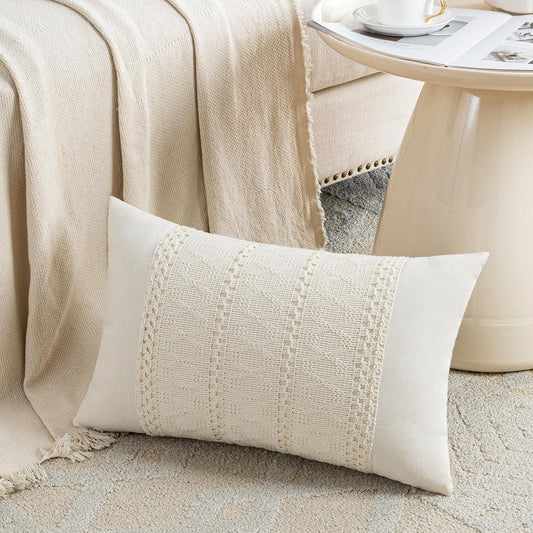 Fancy Homi Set of 1 Boho Cream Lumbar Decorative Throw Pillow Cover 12x20 Inch for Couch Bed Sofa Chair, Modern Organic Farmhouse Home Decor, Soft Cotton Cute Accent Rectangle Cushion Case