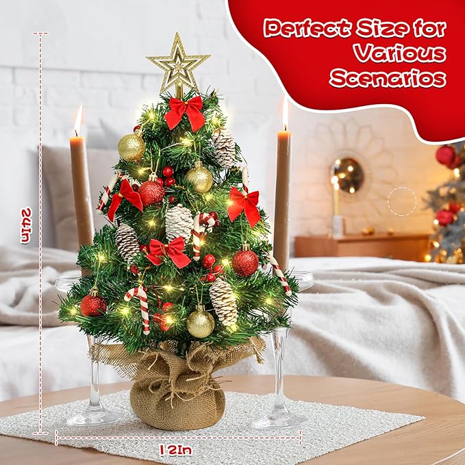 24 Inch Mini Artificial Christmas Tree with LED String Lights, Star Topper and Hanging Ornaments - Tabletop Christmas Tree for Holiday DIY Decorations