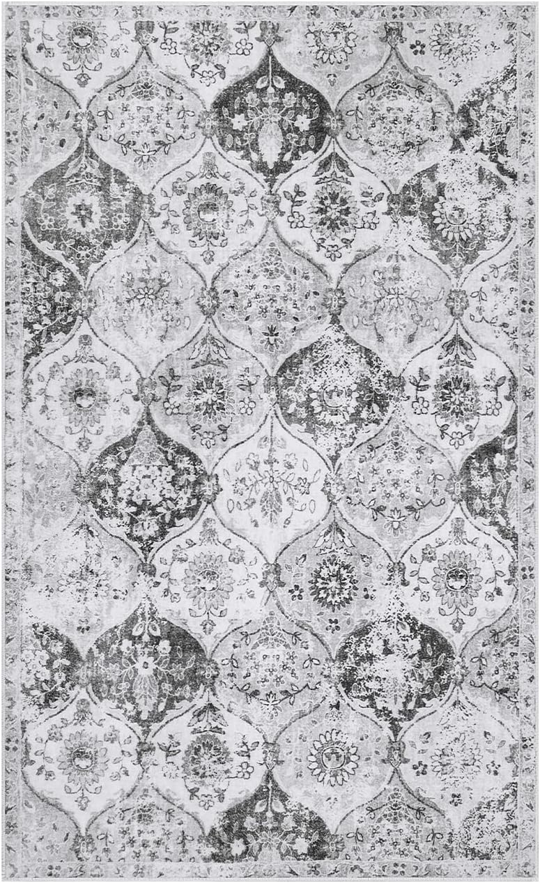 Lahome Moroccan Trellis Washable Small Area Rug, 3x5 Area Rug for Bedroom Living Room, Non-Slip Oriental Accent Throw Carpet for Kitchen Office Entryway Bathroom Office, Silver/Grey