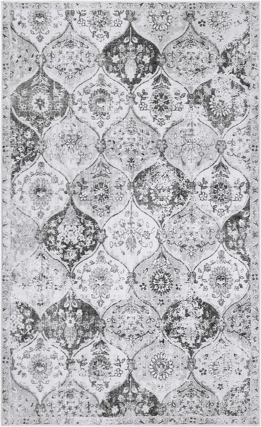 Lahome Moroccan Trellis Washable Small Area Rug, 3x5 Area Rug for Bedroom Living Room, Non-Slip Oriental Accent Throw Carpet for Kitchen Office Entryway Bathroom Office, Silver/Grey