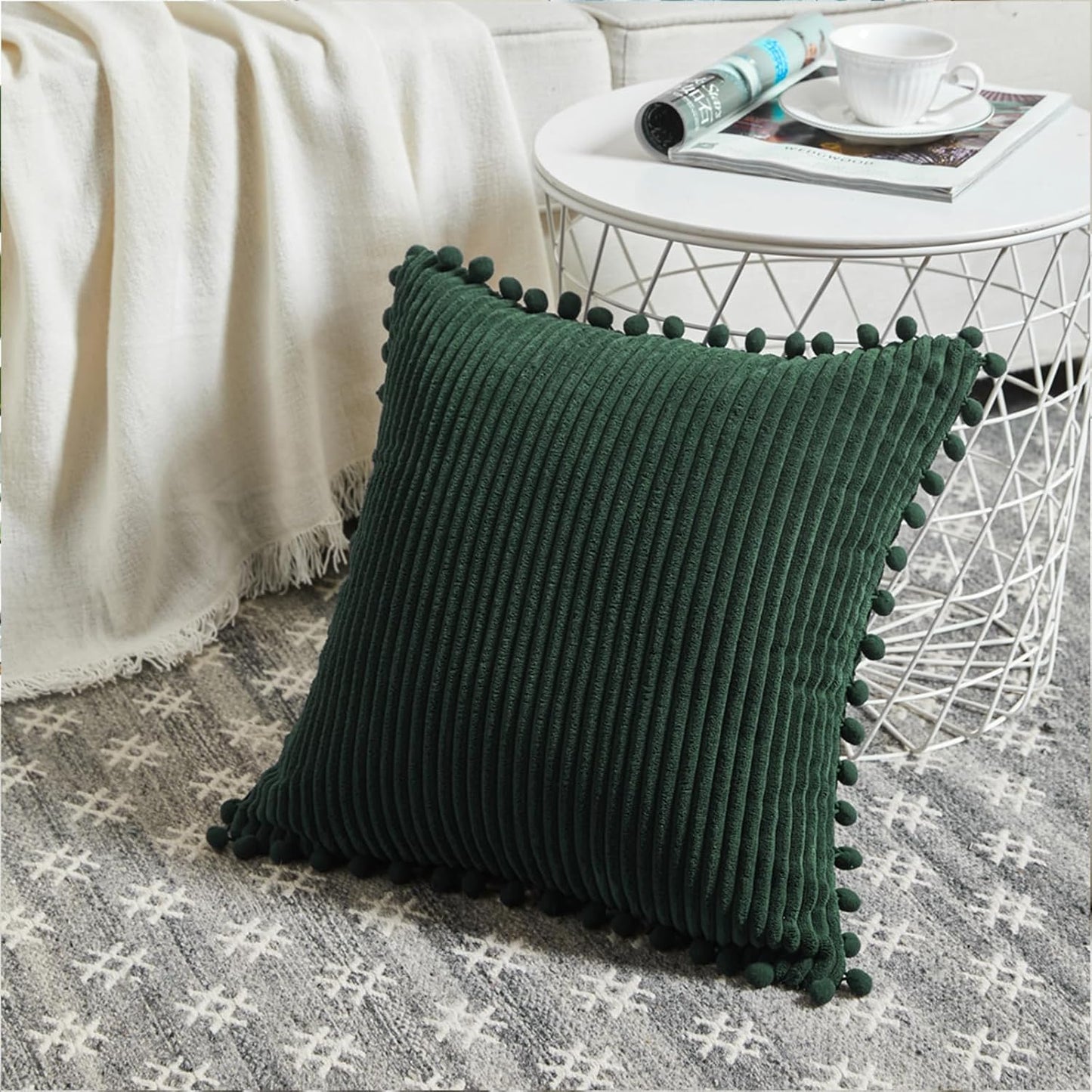 Fancy Homi Set of 2 Dark Green Boho Decorative Throw Pillow Covers 20x20 Inch with Pom-poms for Living Room Couch Bed Sofa Bedroom Indoors, Modern Farmhouse Boho Vintage Army Green Home Decor