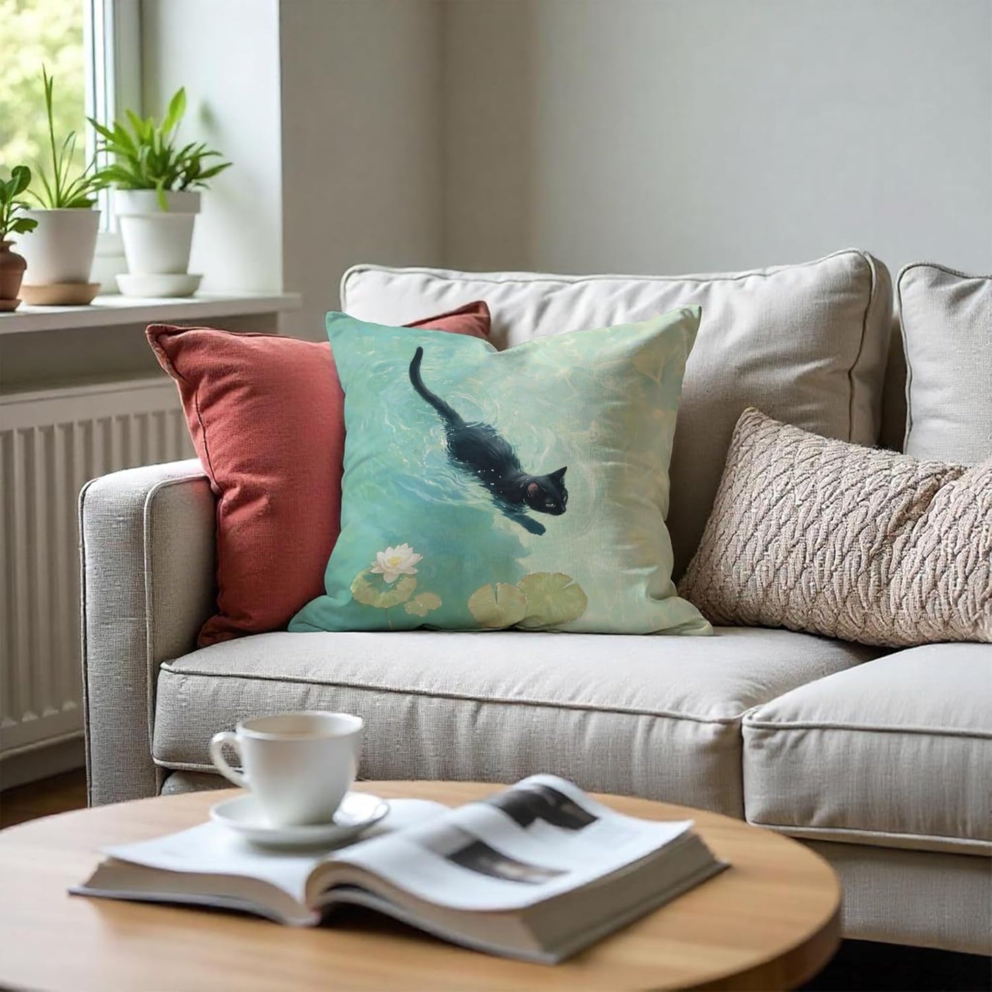 Black Cat Art Painting Throw Pillow Covers 18x18, Aesthetic Cats Decor Pillow Covers for Room Bedroom, Elegant Swimming, Black Cat Decor, Cats Lovers Lady Mom Grandma Gifts