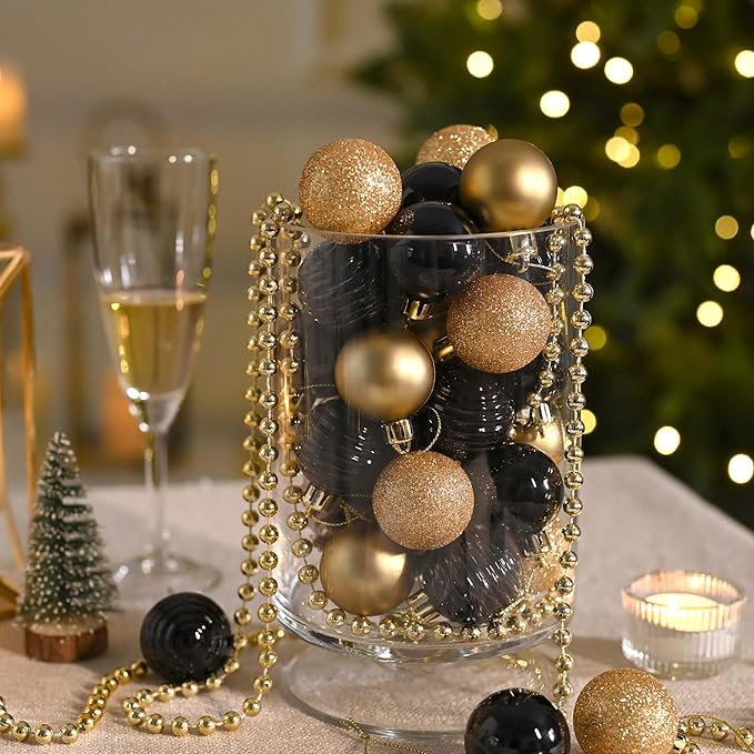 Valery Madelyn 1.57 Inches Small Christmas Tree Decorations Ornament Set for Fall Halloween, 24ct Black and Gold Shatterproof Hanging Ball Ornaments Holiday Party Decor