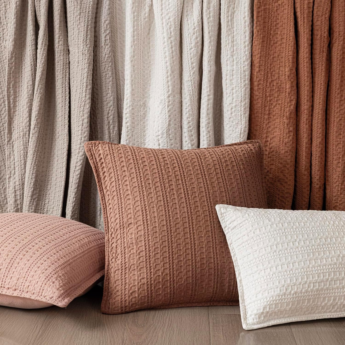 Foindtower Set of 2 Decorative Cotton Waffle Weave Throw Pillow Covers Euro Shams Cushion Covers Accent European Pillowcase for Bed Couch Sofa Bedroom Living Room Home Decor 26×26 Inch Coral Pink