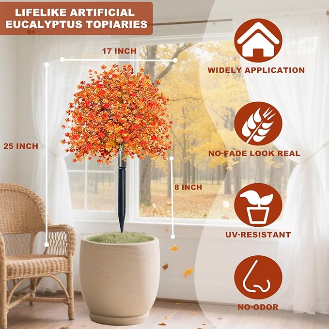 2 Pack Artificial Boxwood Topiary Ball Trees with Fall Flowers & Ground Spikes for Outdoor, UV Resistant Artificial Shrubs Faux Plants Fake Bushes Look Real for Garden Porch Yard Patio