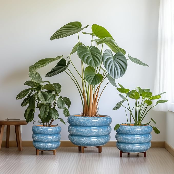 SQOWL 8 Inch Plant Pot with Drainage Hole - Ceramic Pot for Plants Outdoor Planter for Indoor Plants Decorative Plant Pot Medium Flower Pot Round Planter for Bathroom House Decor Blue