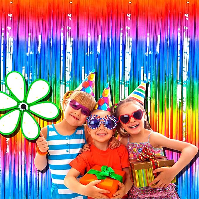 4 Pack Rainbow Foil Fringe Curtain Backdrop, 3.3Ft x 9.8Ft Colorful Metallic Tinsel Foil Streamers Curtains for Photo Booth, Wedding, Thanksgiving, Birthday, Christmas, Halloween Party Decoration