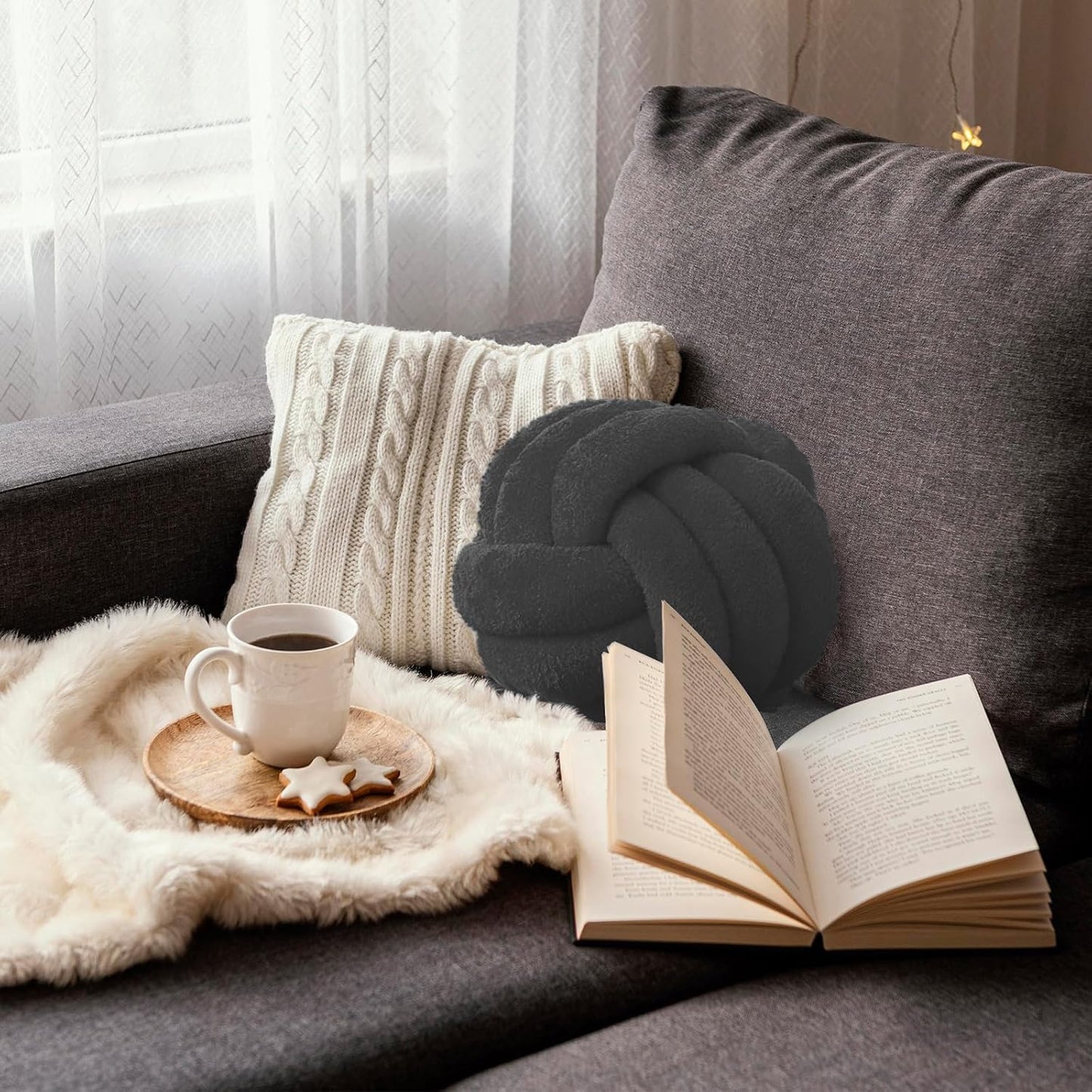 Knot Pillow Ball Plush - Decorative Throw Pillows for Bed Stress Relief, Round Knot Cushion for Sofa Decor Pet Toy, Grey 12 inch