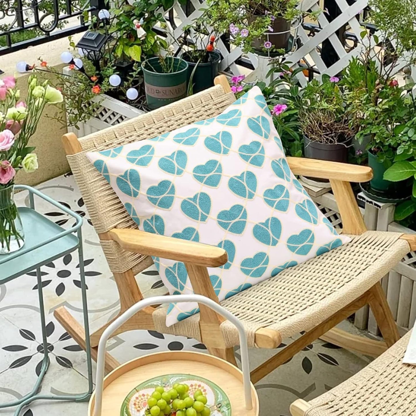 1 PCS Embroidered Throw Pillow Cover Home Decoration Cotton Decorative Square Cushion Cases for Home Sofa Bed and Chair 18 x 18 Inch (Sky Blue)