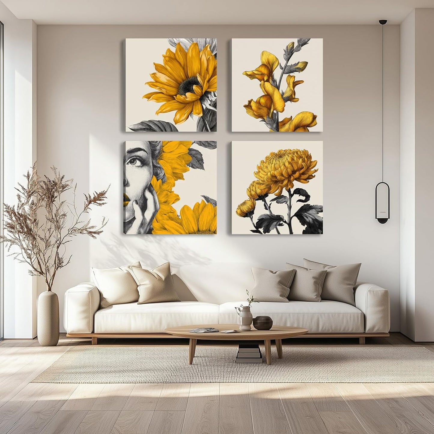 Framed Botanical Wall Art for Living Room Rustic Boho Yellow Flower Canvas Paintings Minimalist Floral Prints for Bedroom Dining Room Hallway Bathroom Office Wall Decor Artwork for Wall
